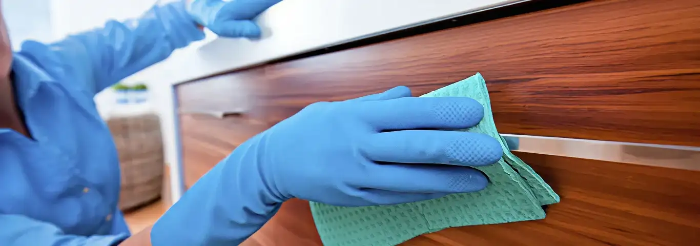 Cleaner wearing blue gloves wiping a wooden cabinet drawer with a microfiber cloth for dust and grime removal, Yonkers, NY.