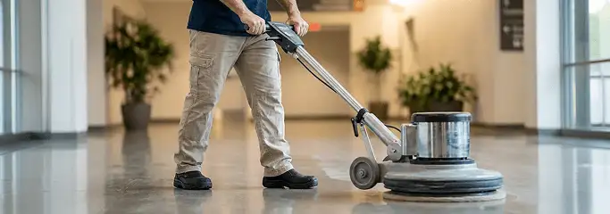 Professional technician using an industrial floor buffer to polish and maintain shiny commercial flooring in a corporate hallway in Yonkers, NY.