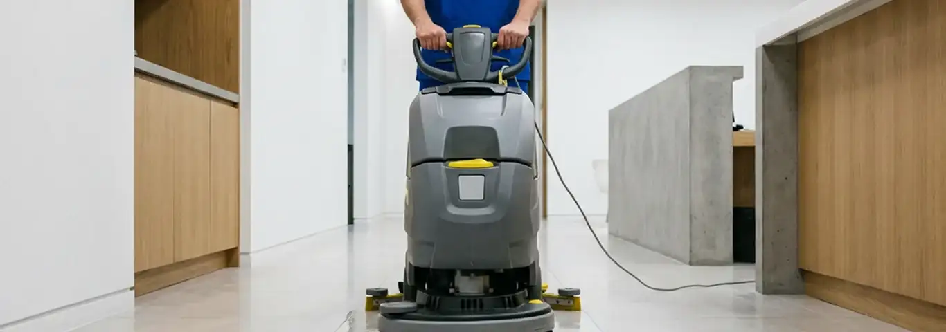 Janitorial staff using a floor scrubber machine to clean a commercial hallway, Yonkers, NY.