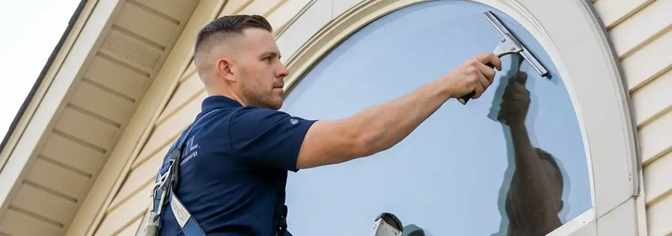 Professional window cleaner using a squeegee to clean an exterior arched window on a home, Yonkers, NY.