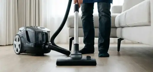 Professional house cleaner vacuuming a living room floor with a canister vacuum cleaner, Yonkers, NY.