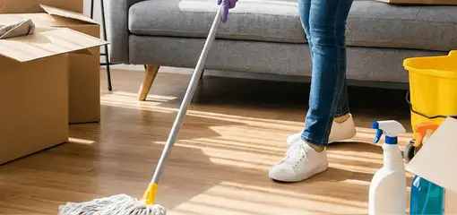 Move-out cleaning setup with a cleaner mopping hardwood floors near moving boxes and cleaning supplies, Yonkers, NY.
