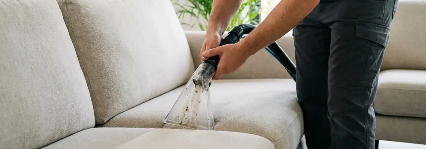 Technician extracting dirt and moisture from a fabric sofa with an upholstery cleaning wand, Yonkers, NY.
