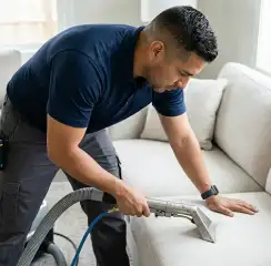 Professional upholstery cleaning technician using an extraction wand to deep-clean a fabric sofa, Yonkers, NY.