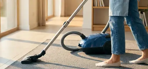 Person vacuuming a living room rug with a canister vacuum cleaner near large windows, Yonkers, NY.